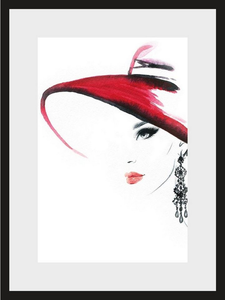 OTTO home Bild mit Rahmen Skizze Frau mit Hut und Ohrring, Bilder von Frauen, Fashion, Frau, Magazincover, Mode, Modebilder (1 St), HD Premium Poster-Druck inkl. Holzrahmen Bild 3