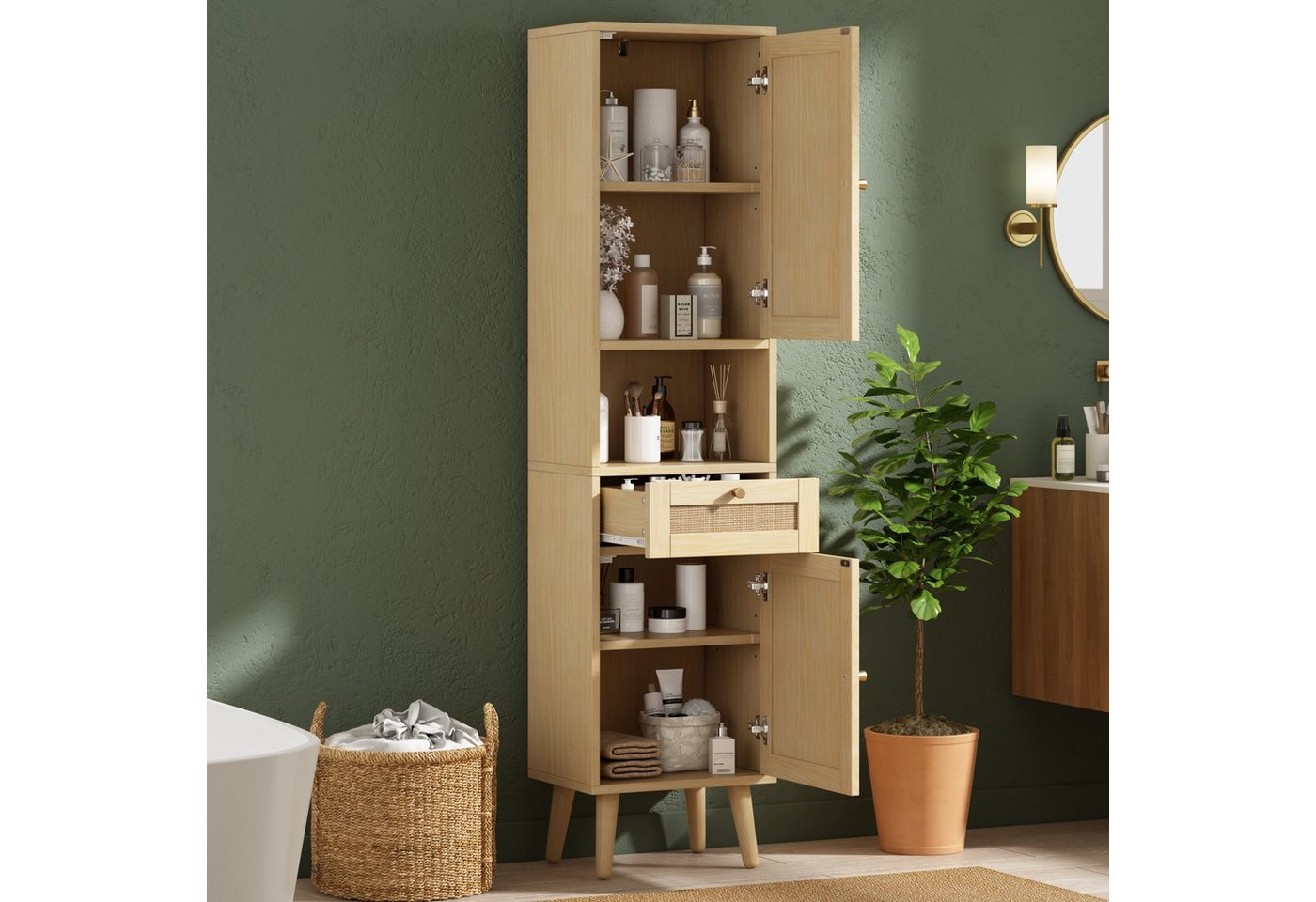 Flieks Badkommode schmal Hochschrank mit Rattan-Türen und Schubladen, Massivholzbeine (Türanschlag rechts oder links wechselbar, 1 St., 40×30×166 cm), Badezimmerschrank Multifunktionsschrank Soft-Close-Funktion Natur