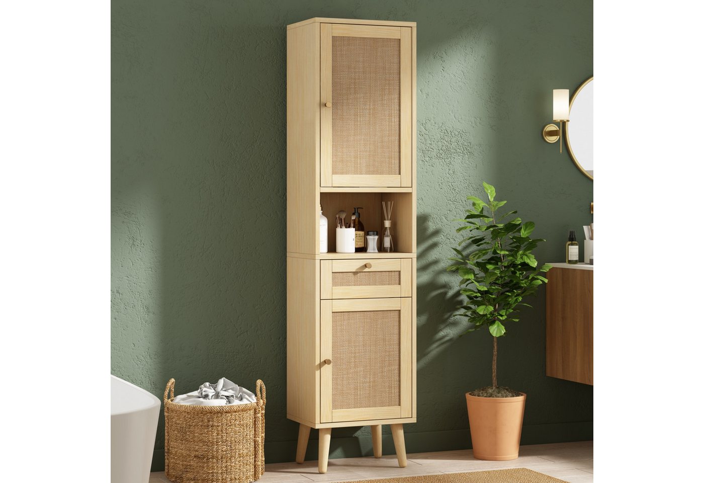 Flieks Badkommode schmal Hochschrank mit Rattan-Türen und Schubladen, Massivholzbeine (Türanschlag rechts oder links wechselbar, 1 St., 40×30×166 cm), Badezimmerschrank Multifunktionsschrank Soft-Close-Funktion Natur Bild 2