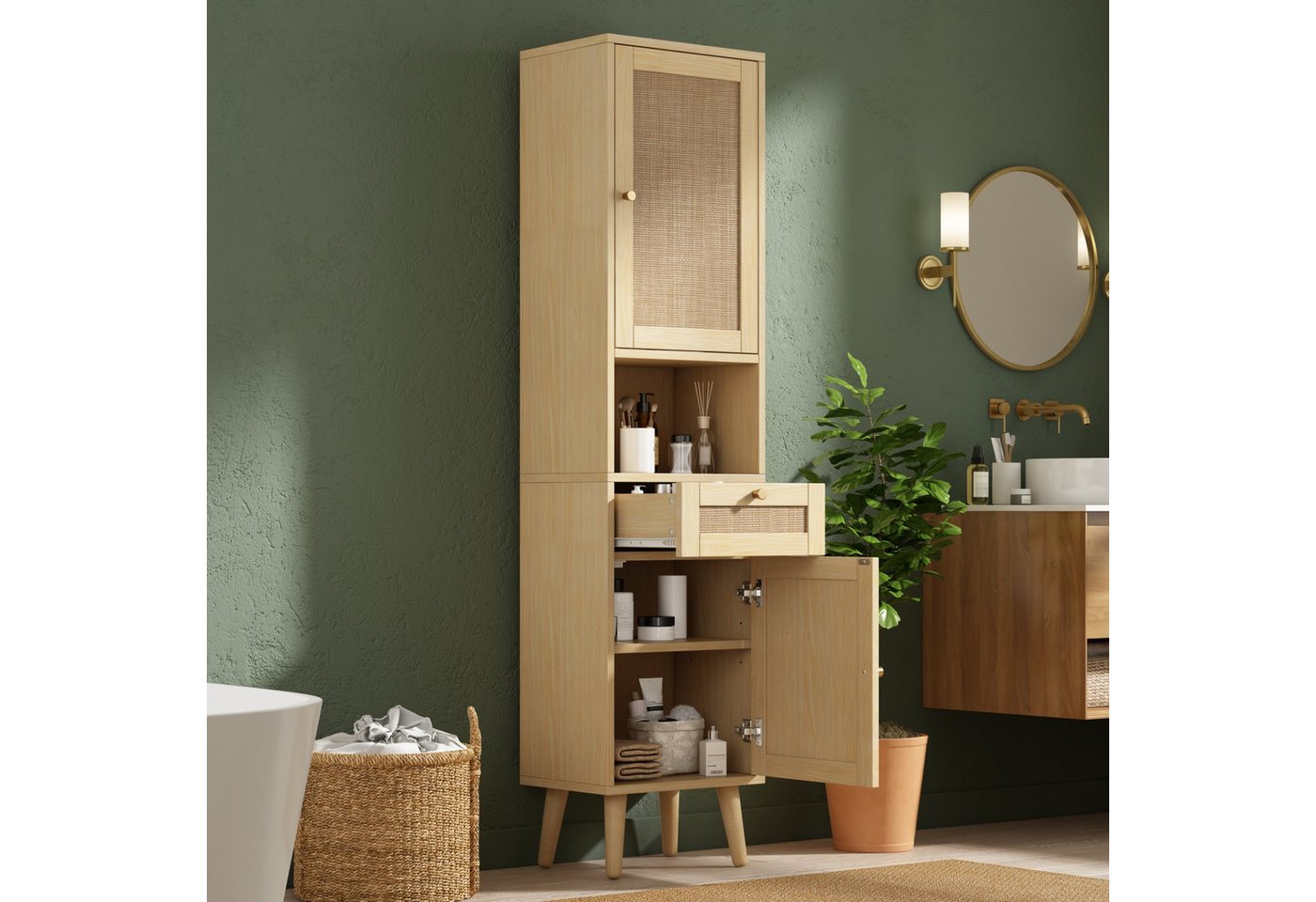 Flieks Badkommode schmal Hochschrank mit Rattan-Türen und Schubladen, Massivholzbeine (Türanschlag rechts oder links wechselbar, 1 St., 40×30×166 cm), Badezimmerschrank Multifunktionsschrank Soft-Close-Funktion Natur Bild 3