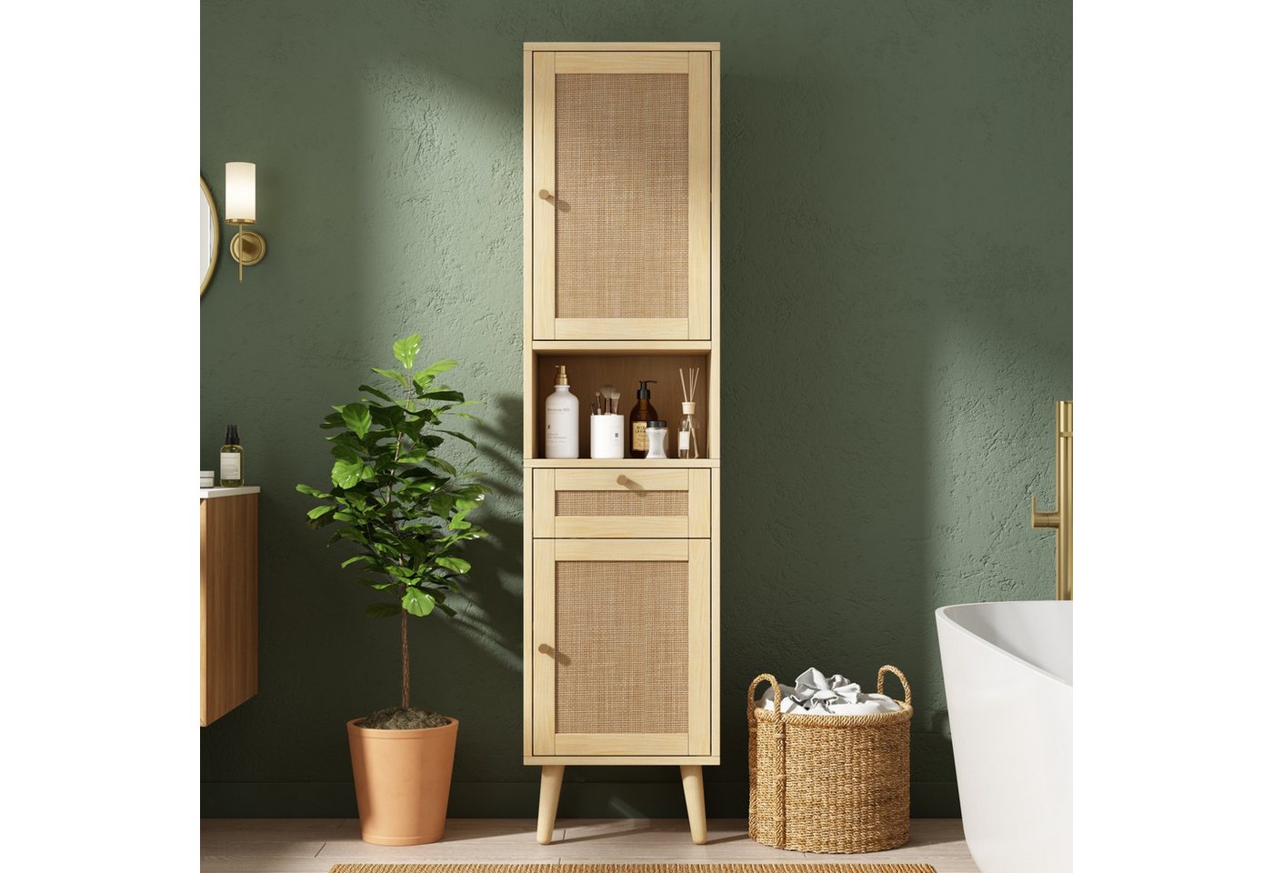 Flieks Badkommode schmal Hochschrank mit Rattan-Türen und Schubladen, Massivholzbeine (Türanschlag rechts oder links wechselbar, 1 St., 40×30×166 cm), Badezimmerschrank Multifunktionsschrank Soft-Close-Funktion Natur Bild 4