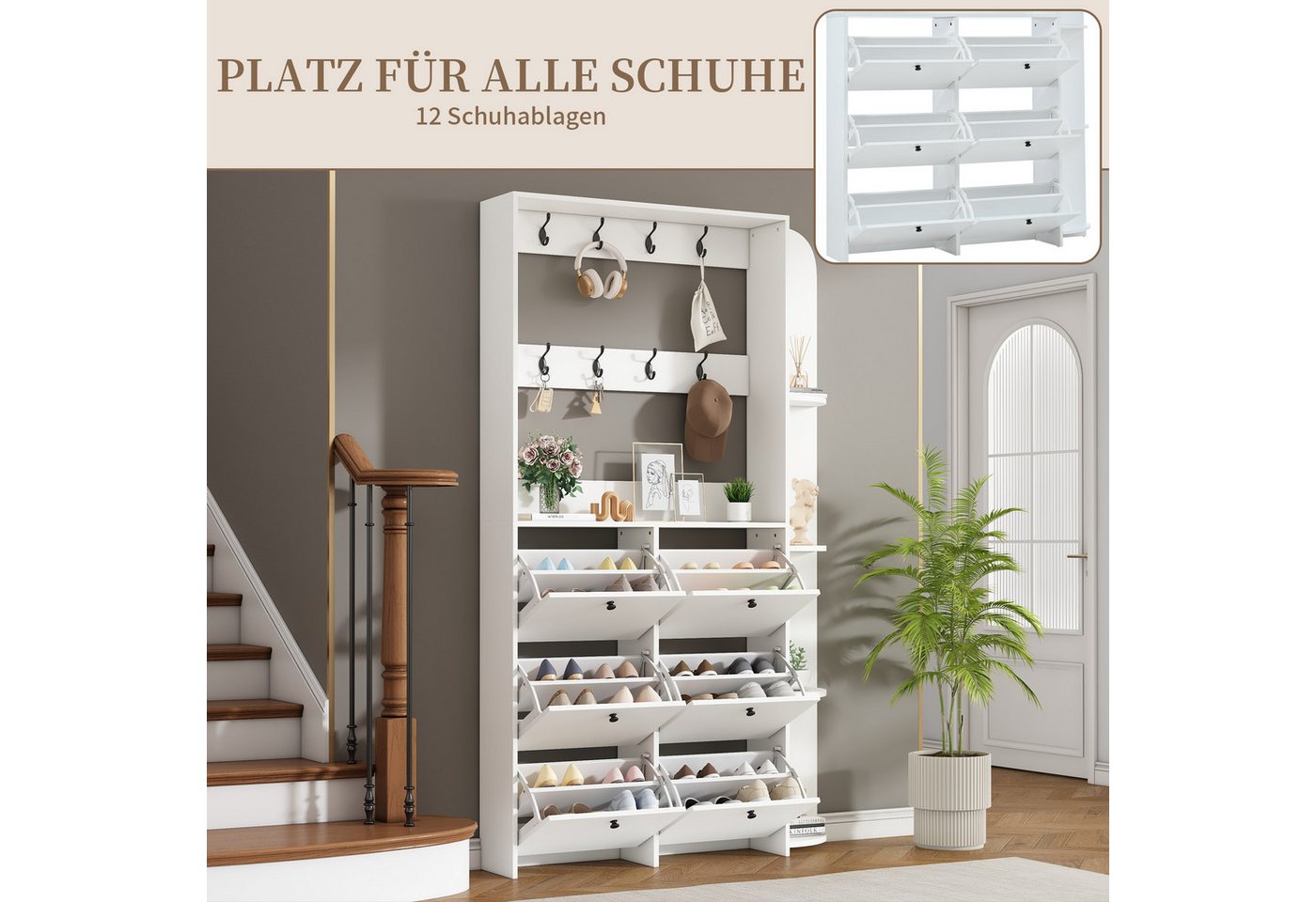SeedWave Garderobenschrank Moderne Kompaktgarderobe mit 6 Klapptüren, 12 Schuhablagen, Regalen Tiefer 24cm, Breite 120cm - Maximale 24 paar Schuhe passen hinein Bild 4
