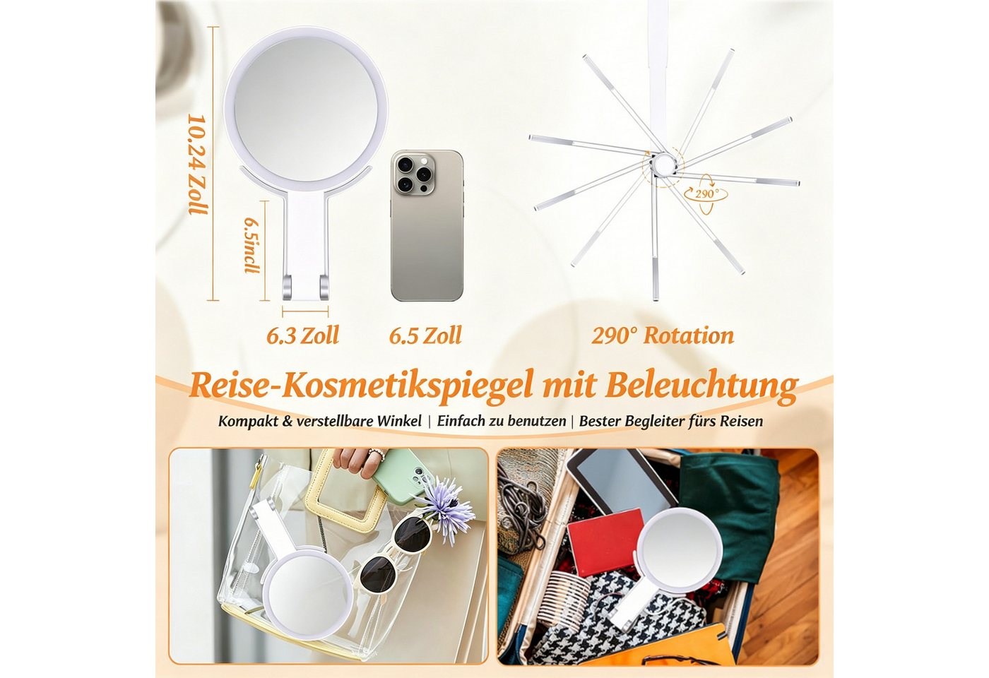 Toomoke Kosmetikspiegel Kosmetikspiegel Schminkspiegel mit Beleuchtung 1X/10X Vergrößerung (1 X Kosmetikspiegel), Kosmetikspiegel mit Licht, Doppelseitige 10X/1X Vergrößerungsglas