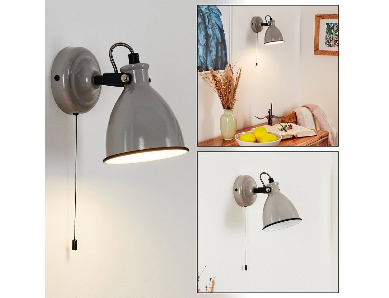 hofstein Wandleuchte »Spadacenta« Wandlampe, Metall, Grau glänzend/Weiß/Schwarz, ohne Leuchtmittel, Retro/Vintage-Design, Zugschnur, 1xE14, verstellbarer Strahler