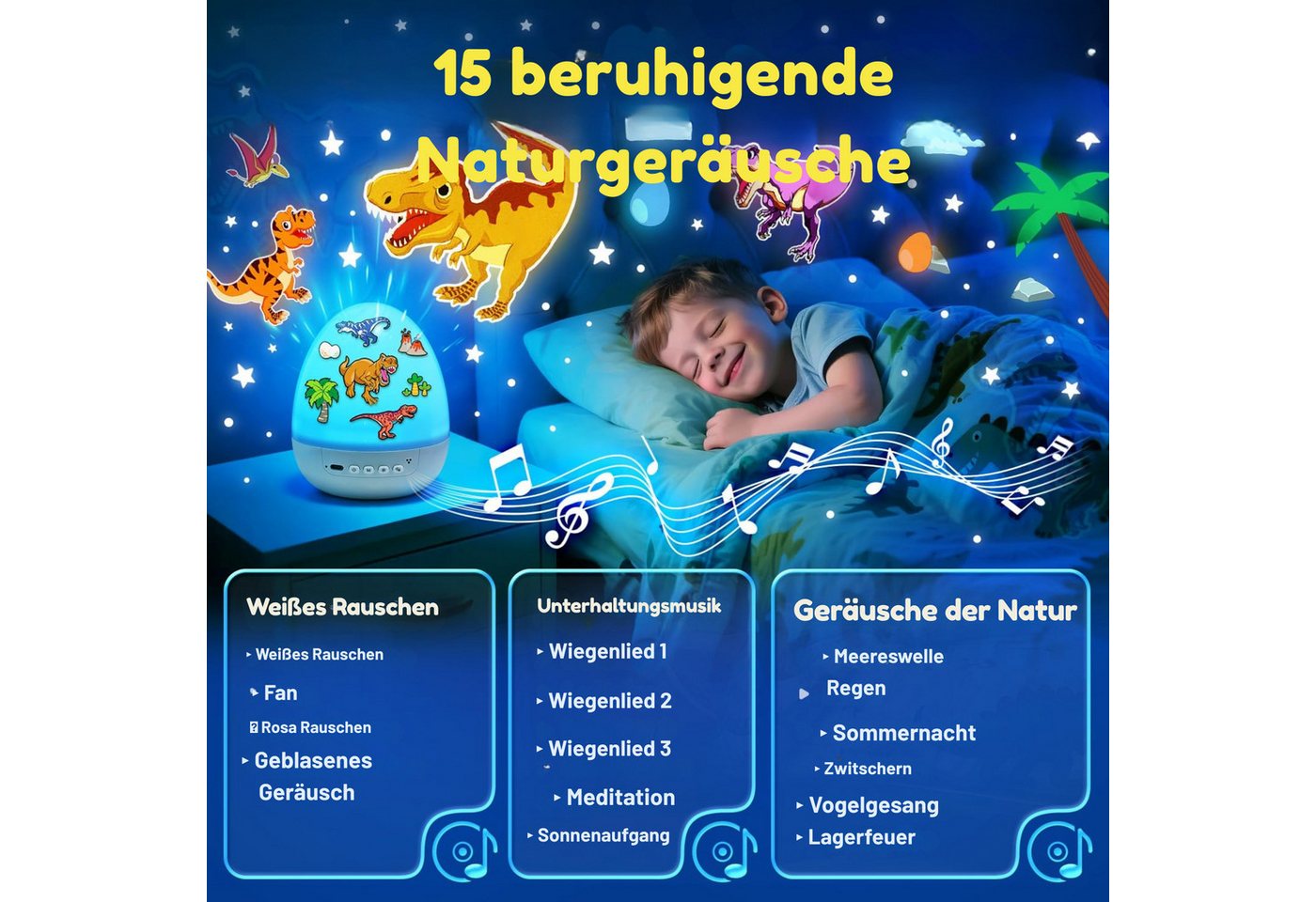 Vivitar LED-Sternenhimmel Dino-Ei-Projektor für Kinder, Nachtlicht mit 12 Projektionsfolien, Geschenk für Jungen und Mädchen, 360°-Drehung, 7 Farben, 15 Melodien und beruhigenden Klängen, 1200-mAh-Akku, aufladbar über USB-C, 15/30-Minuten-Timer, DIY-Dinosaurier-Ei mit Aufklebern zum Gestalten, Fernbedienung Nachtlicht für das Kinderzimmer, Weltraum-Projektor