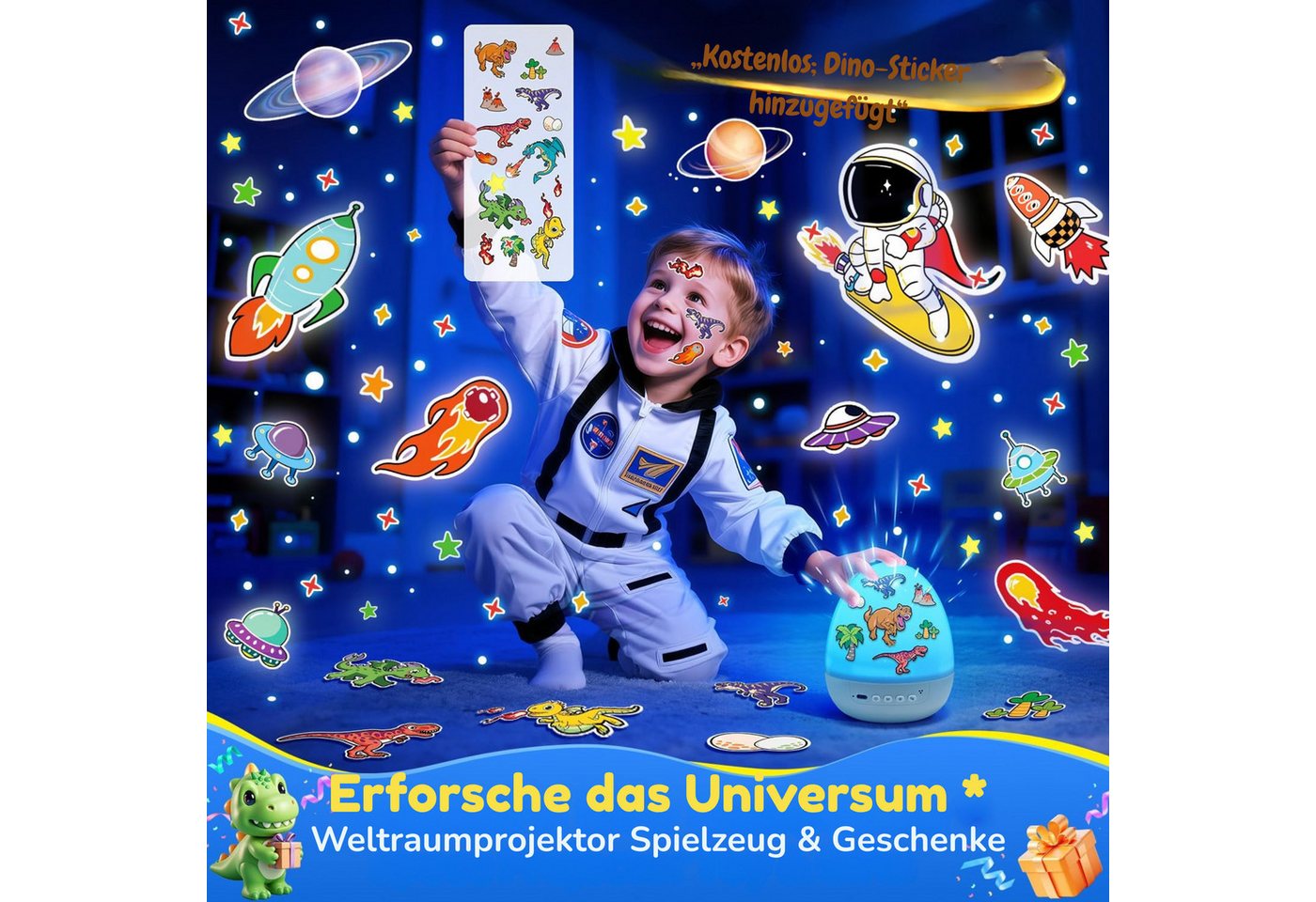 Vivitar LED-Sternenhimmel Dino-Ei-Projektor für Kinder, Nachtlicht mit 12 Projektionsfolien, Geschenk für Jungen und Mädchen, 360°-Drehung, 7 Farben, 15 Melodien und beruhigenden Klängen, 1200-mAh-Akku, aufladbar über USB-C, 15/30-Minuten-Timer, DIY-Dinosaurier-Ei mit Aufklebern zum Gestalten, Fernbedienung Nachtlicht für das Kinderzimmer, Weltraum-Projektor Bild 3