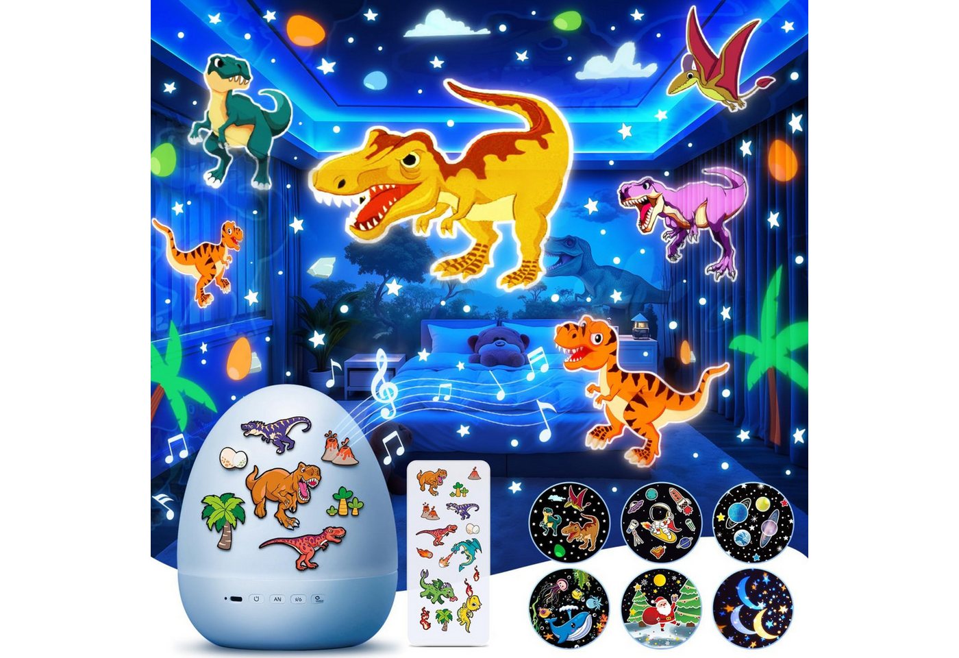 Vivitar LED-Sternenhimmel Dino-Ei-Projektor für Kinder, Nachtlicht mit 12 Projektionsfolien, Geschenk für Jungen und Mädchen, 360°-Drehung, 7 Farben, 15 Melodien und beruhigenden Klängen, 1200-mAh-Akku, aufladbar über USB-C, 15/30-Minuten-Timer, DIY-Dinosaurier-Ei mit Aufklebern zum Gestalten, Fernbedienung Nachtlicht für das Kinderzimmer, Weltraum-Projektor Bild 4