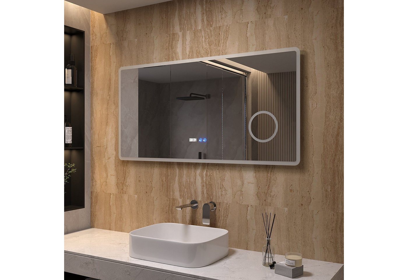 AQUALAVOS Badspiegel LED Badezimmerspiegel mit Beleuchtung 100x70 120x60cm Schminkspiegel, Beschlagfrei, mit 3-Fach Vergrößerung Makeup-spiegel, LED Digitaluhr Bild 2