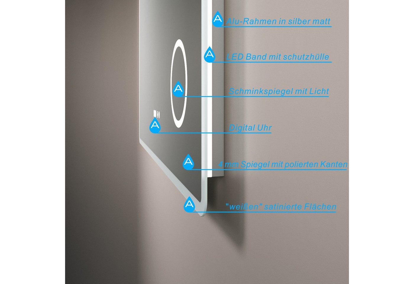 AQUALAVOS Badspiegel LED Badezimmerspiegel mit Beleuchtung 100x70 120x60cm Schminkspiegel, Beschlagfrei, mit 3-Fach Vergrößerung Makeup-spiegel, LED Digitaluhr Bild 3