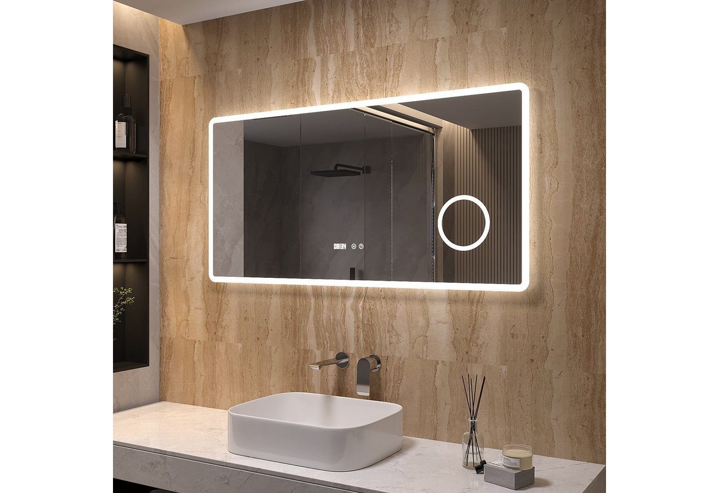 AQUALAVOS Badspiegel LED Badezimmerspiegel mit Beleuchtung 100x70 120x60cm Schminkspiegel, Beschlagfrei, mit 3-Fach Vergrößerung Makeup-spiegel, LED Digitaluhr Bild 5