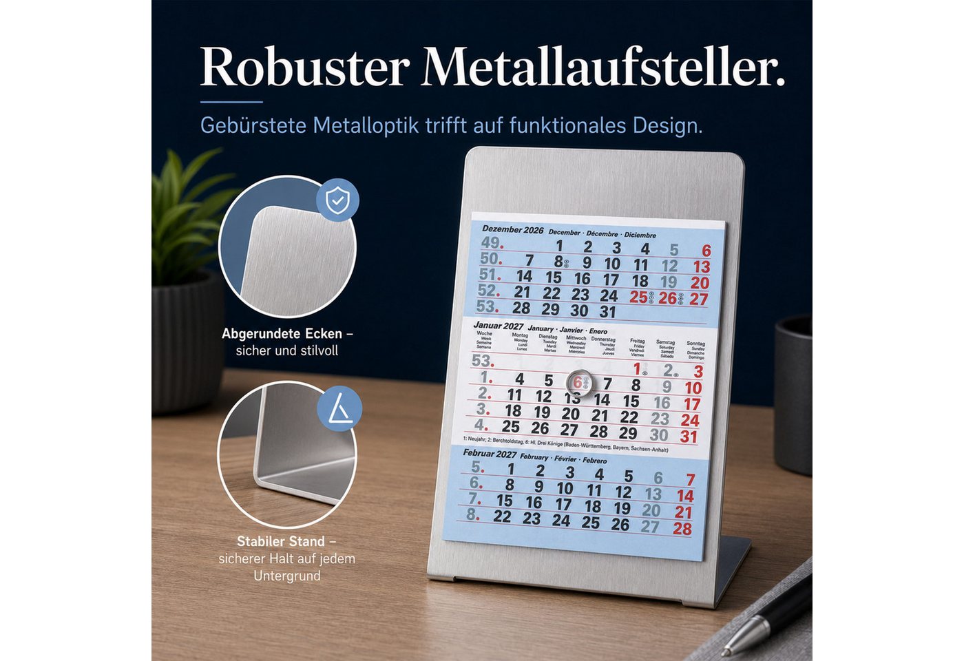 TOBJA Tischkalender Tischkalender 2027 Metallaufsteller 3-Monatskalender Büro (Ice), 3-Monats-Überblick, Datumsschieber, Edelstahl-Optik, mehrsprachig