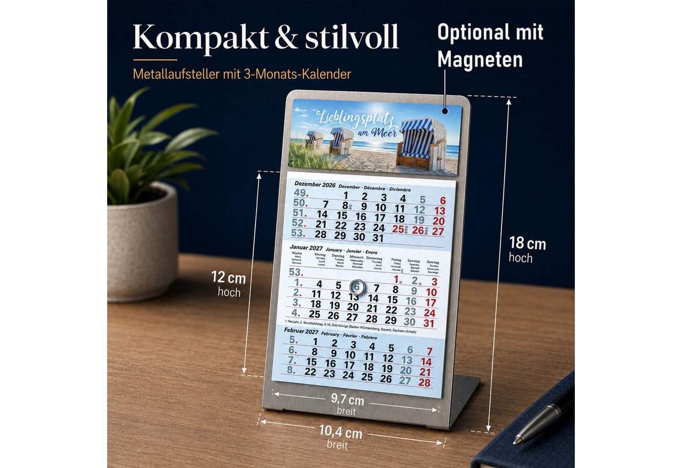 TOBJA Tischkalender Tischkalender 2027 Metallaufsteller 3-Monatskalender Büro (Ice), 3-Monats-Überblick, Datumsschieber, Edelstahl-Optik, mehrsprachig Bild 2