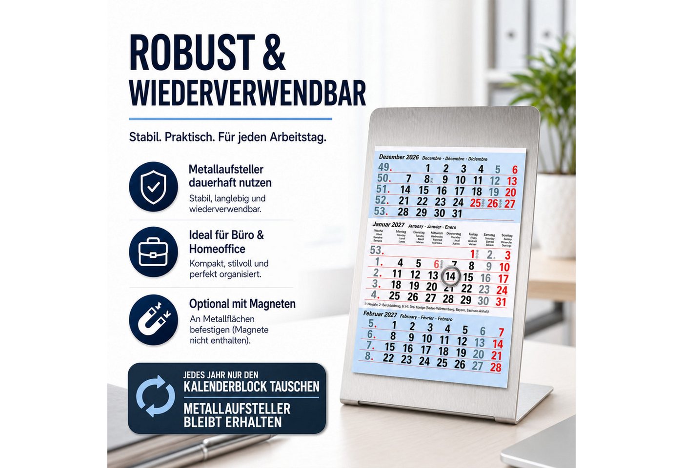TOBJA Tischkalender Tischkalender 2027 Metallaufsteller 3-Monatskalender Büro (Ice), 3-Monats-Überblick, Datumsschieber, Edelstahl-Optik, mehrsprachig Bild 3
