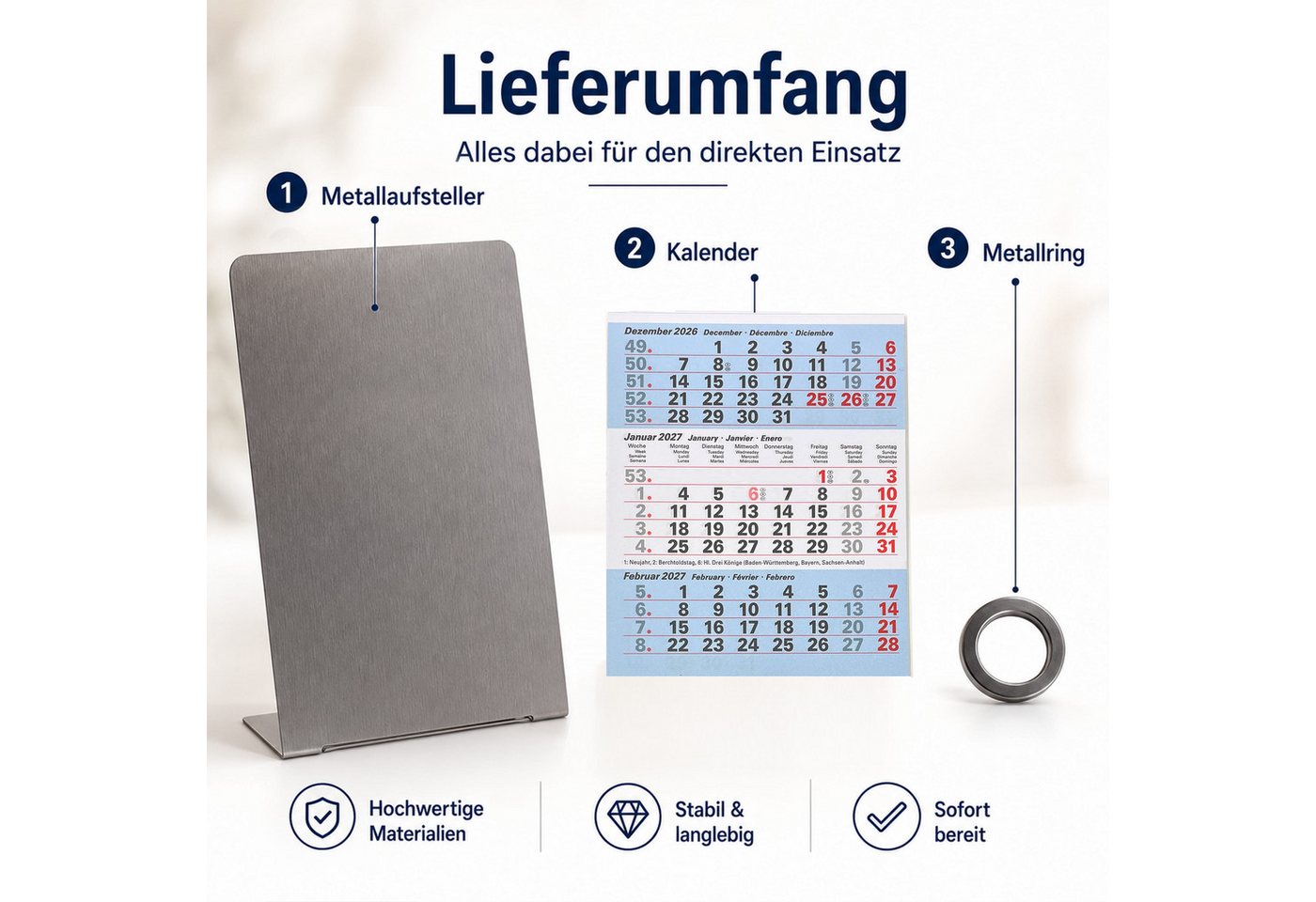 TOBJA Tischkalender Tischkalender 2027 Metallaufsteller 3-Monatskalender Büro (Ice), 3-Monats-Überblick, Datumsschieber, Edelstahl-Optik, mehrsprachig Bild 4