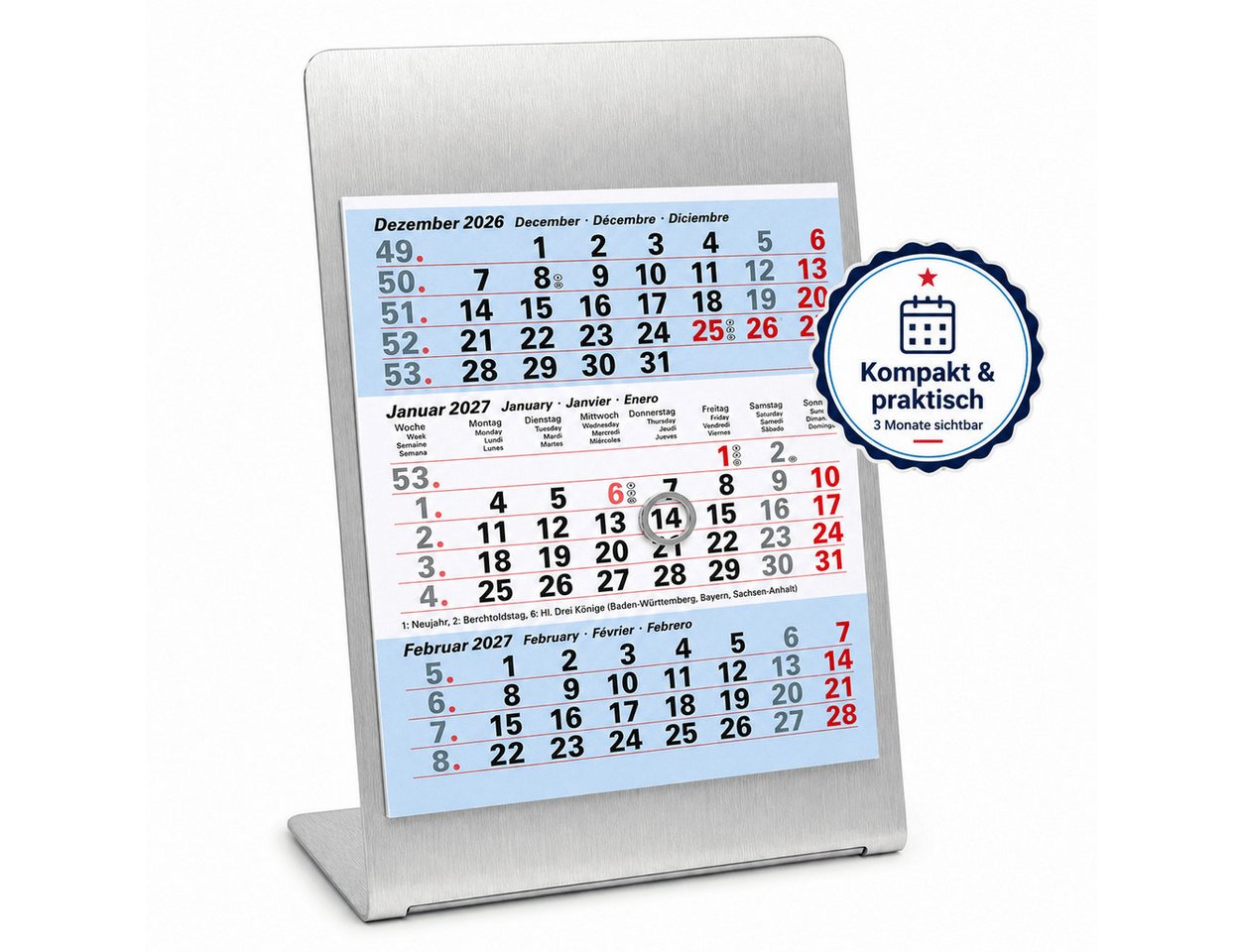 TOBJA Tischkalender Tischkalender 2027 Metallaufsteller 3-Monatskalender Büro (Ice), 3-Monats-Überblick, Datumsschieber, Edelstahl-Optik, mehrsprachig Bild 5