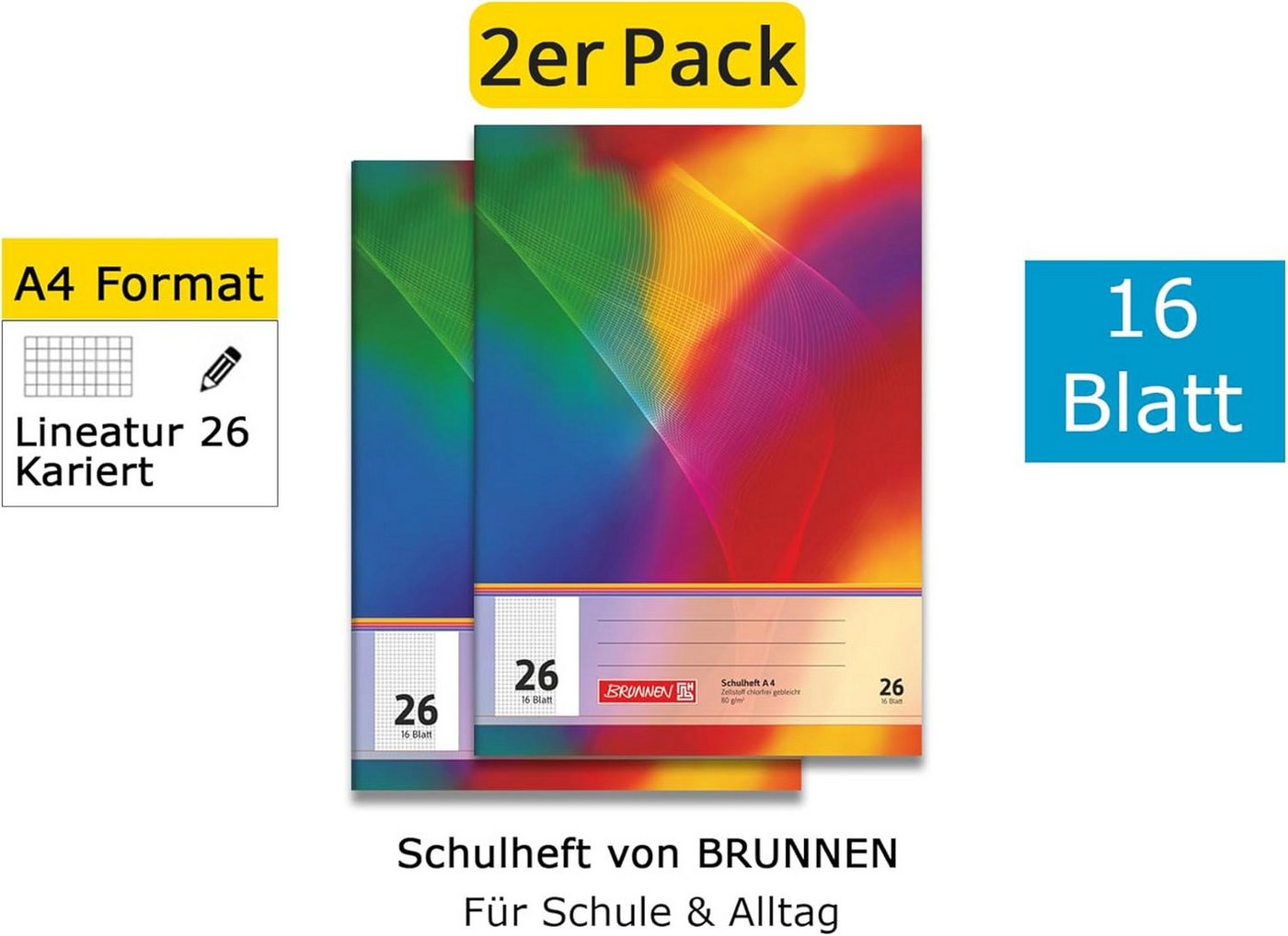 BRUNNEN Schulheft BRUNNEN Schulheft Lin.26, 16 Blatt DIN A4 - Doppelpack
