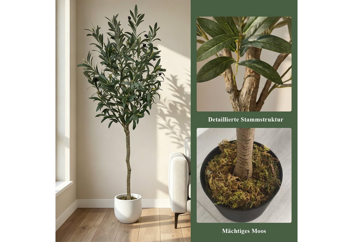 Künstliche Zimmerpflanze Olivenbaum Mehrere Höhen zur Auswahl, naturgetreuer im Topf Zimmerdeko, CASSILANDO, Höhe 120 cm Bild 5