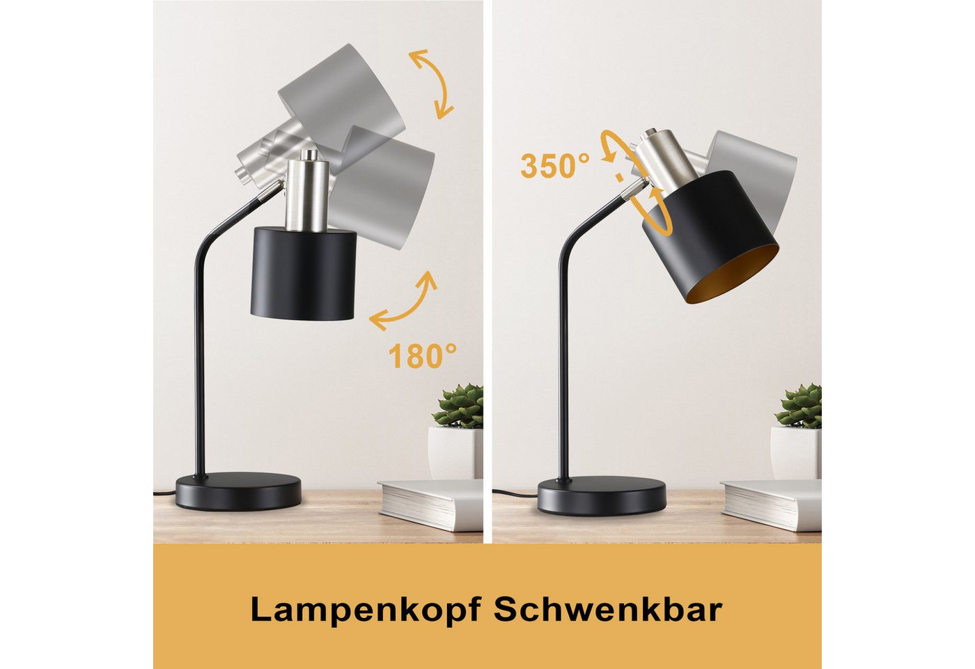 Nettlife Tischleuchte Schwarz Gold E27 Vintage Arbeitszimmer Schreibtischlampe Leselampe, Schwenkbar, mit Kabel, LED wechselbar, Tischlampe Nachtlampe für Schlafzimmer Büro Wohnzimmer