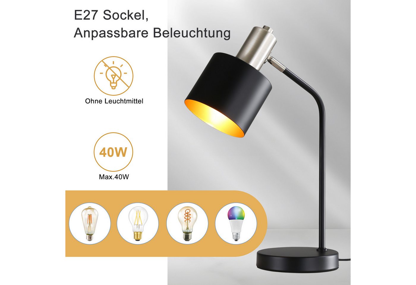 Nettlife Tischleuchte Schwarz Gold E27 Vintage Arbeitszimmer Schreibtischlampe Leselampe, Schwenkbar, mit Kabel, LED wechselbar, Tischlampe Nachtlampe für Schlafzimmer Büro Wohnzimmer Bild 2