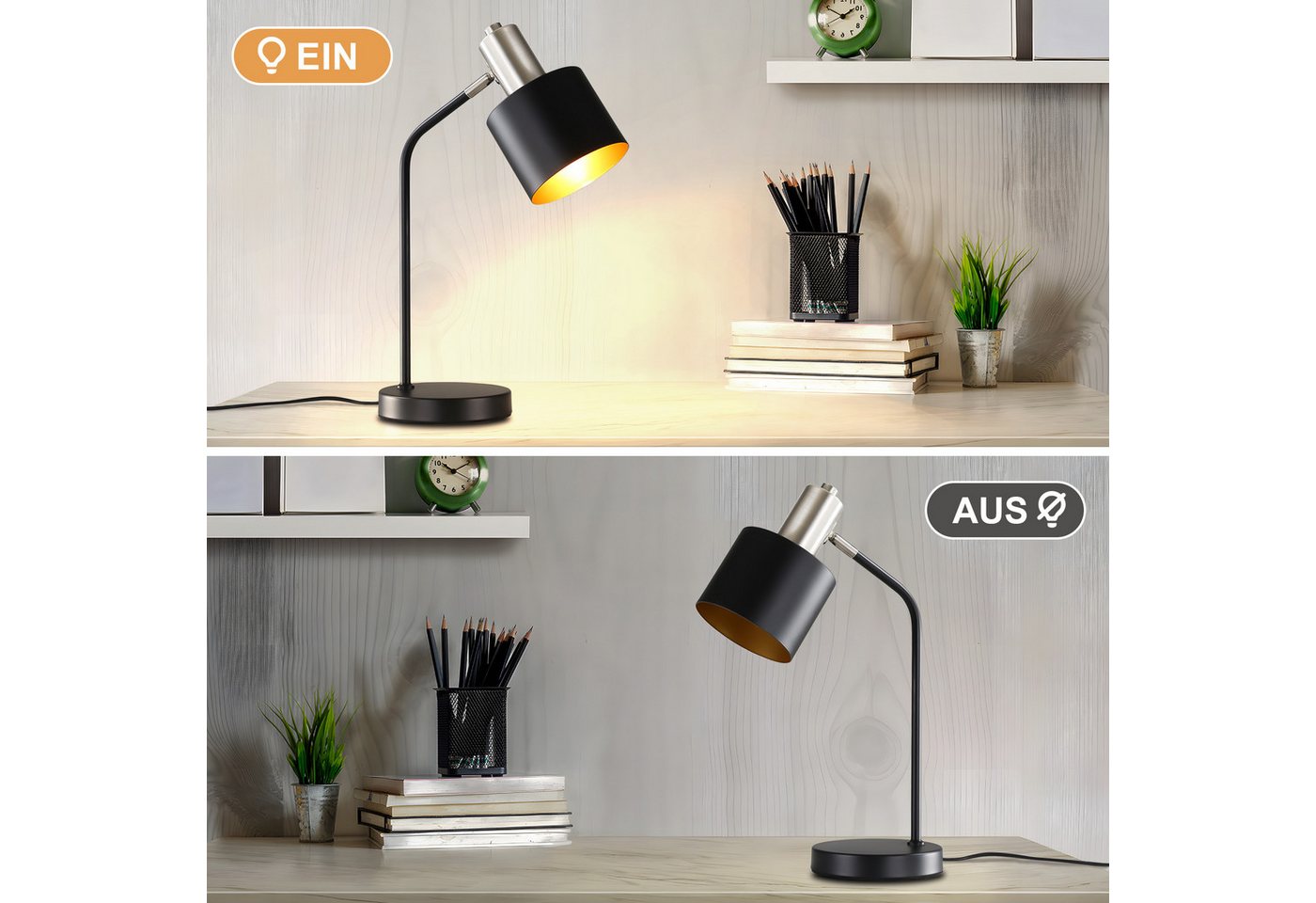 Nettlife Tischleuchte Schwarz Gold E27 Vintage Arbeitszimmer Schreibtischlampe Leselampe, Schwenkbar, mit Kabel, LED wechselbar, Tischlampe Nachtlampe für Schlafzimmer Büro Wohnzimmer Bild 3