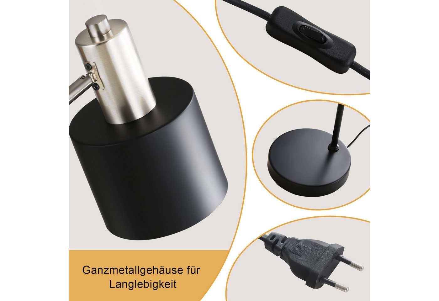 Nettlife Tischleuchte Schwarz Gold E27 Vintage Arbeitszimmer Schreibtischlampe Leselampe, Schwenkbar, mit Kabel, LED wechselbar, Tischlampe Nachtlampe für Schlafzimmer Büro Wohnzimmer Bild 4