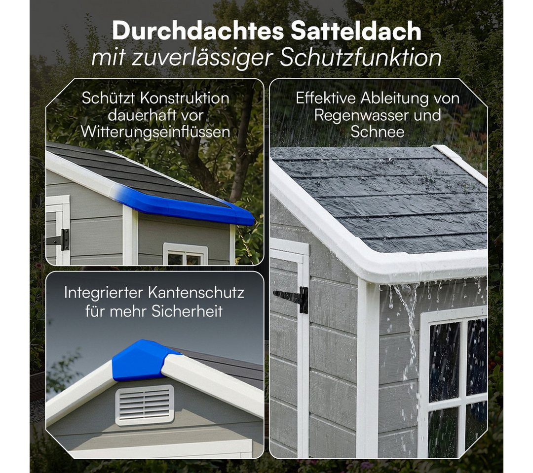 STEELSØN Gerätehaus Novara Gartenhaus mit Bodenplatte, wetterfest, Schuppen inkl. Fenster, Grau/Schwarz, Geräteschuppen mit Satteldach M, Schuppen aus Kunststoff