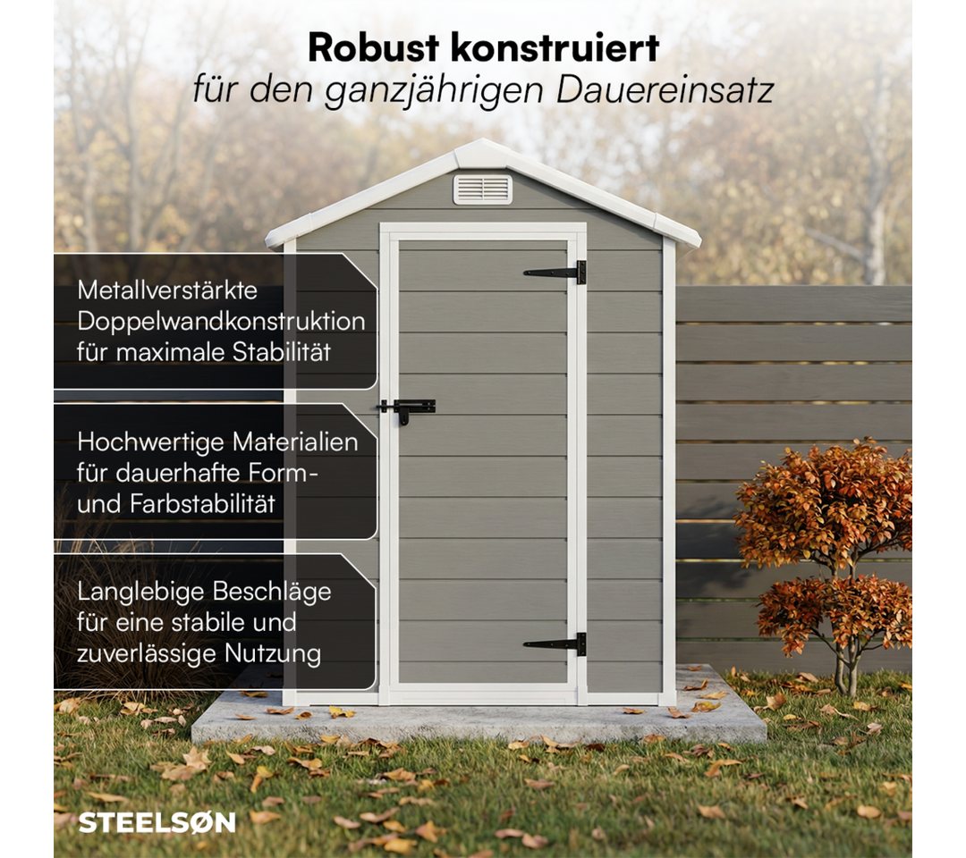 STEELSØN Gerätehaus Novara Gartenhaus mit Bodenplatte, wetterfest, Schuppen inkl. Fenster, Grau/Schwarz, Geräteschuppen mit Satteldach M, Schuppen aus Kunststoff Bild 2