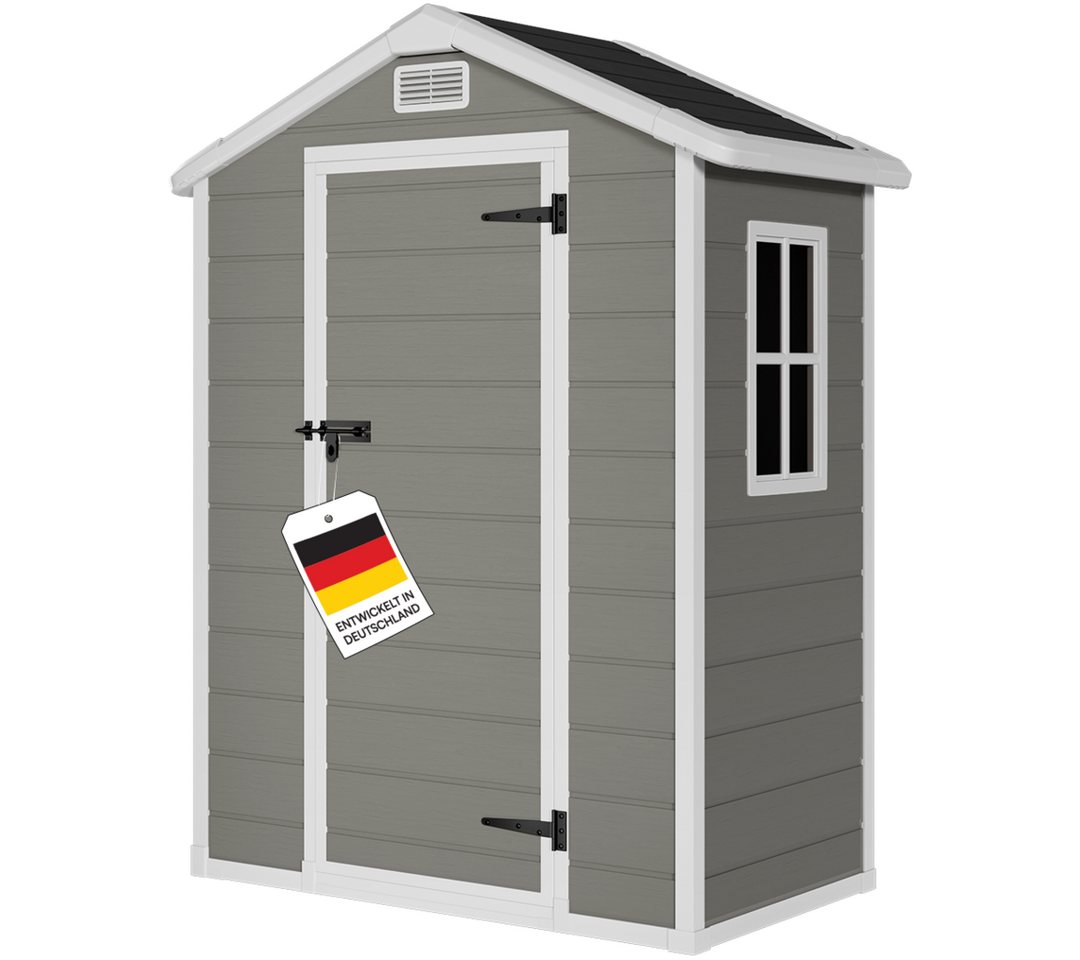 STEELSØN Gerätehaus Novara Gartenhaus mit Bodenplatte, wetterfest, Schuppen inkl. Fenster, Grau/Schwarz, Geräteschuppen mit Satteldach M, Schuppen aus Kunststoff Bild 3