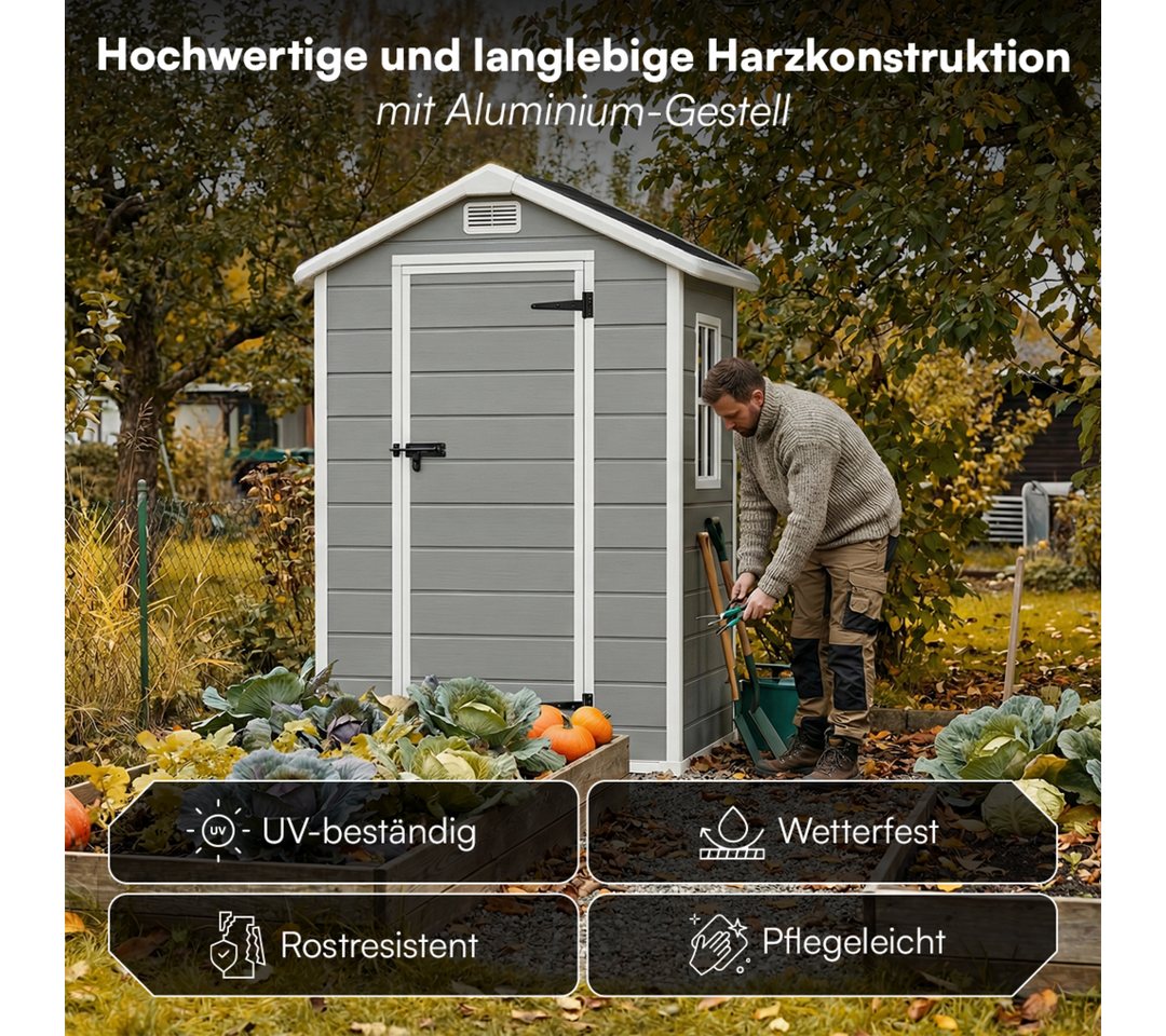 STEELSØN Gerätehaus Novara Gartenhaus mit Bodenplatte, wetterfest, Schuppen inkl. Fenster, Grau/Schwarz, Geräteschuppen mit Satteldach M, Schuppen aus Kunststoff Bild 4