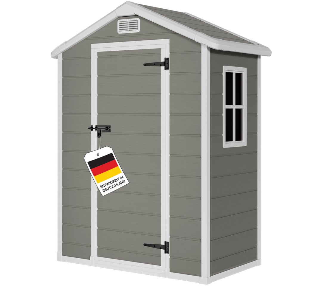 STEELSØN Gerätehaus Novara Gartenhaus mit Bodenplatte, wetterfest, Schuppen inkl. Fenster, Grau, Geräteschuppen mit Satteldach M, Gartenschuppen aus Kunststoff