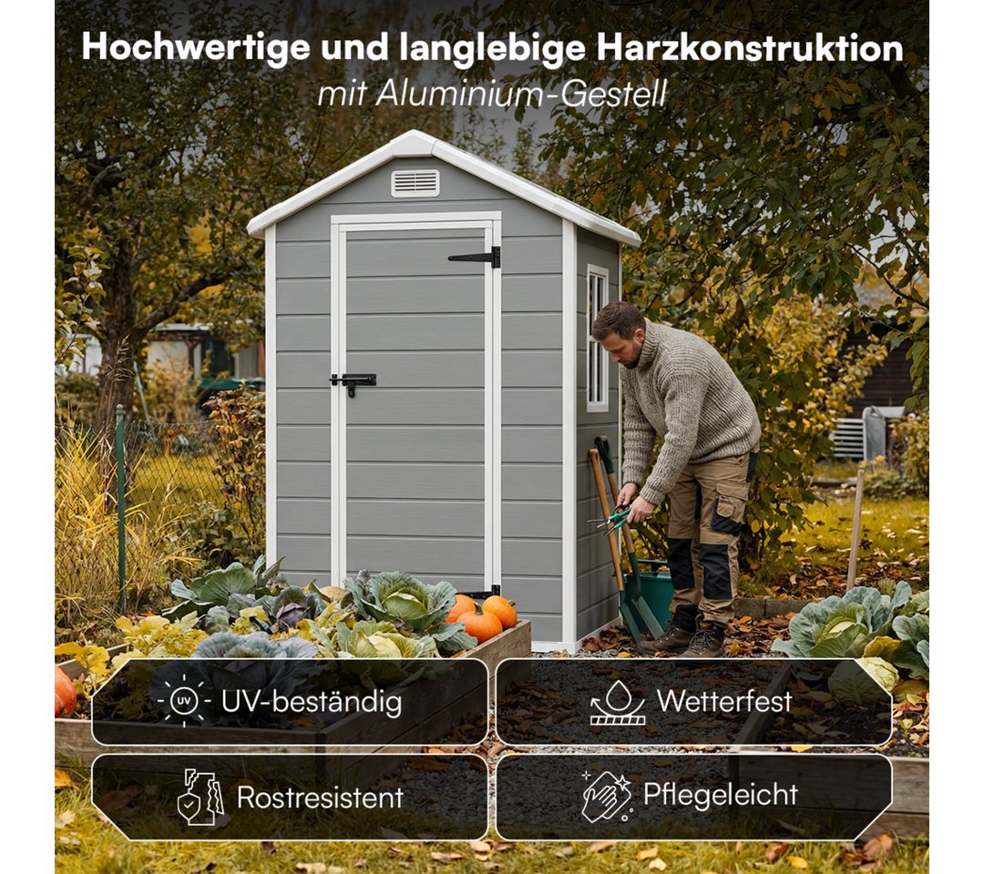 STEELSØN Gerätehaus Novara Gartenhaus mit Bodenplatte, wetterfest, Schuppen inkl. Fenster, Grau, Geräteschuppen mit Satteldach M, Gartenschuppen aus Kunststoff Bild 4
