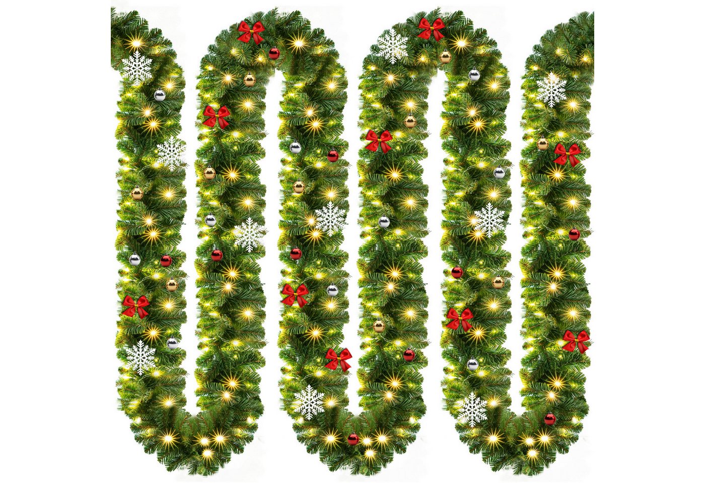 Kunstgirlande, Casaria, Höhe 28 cm, Weihnachtsgirlande geschmückt 10m 160 LED Warmweiß Innen Außen IP44