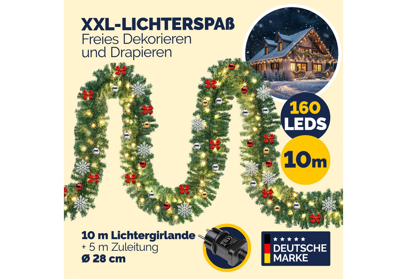 Kunstgirlande, Casaria, Höhe 28 cm, Weihnachtsgirlande geschmückt 10m 160 LED Warmweiß Innen Außen IP44 Bild 3