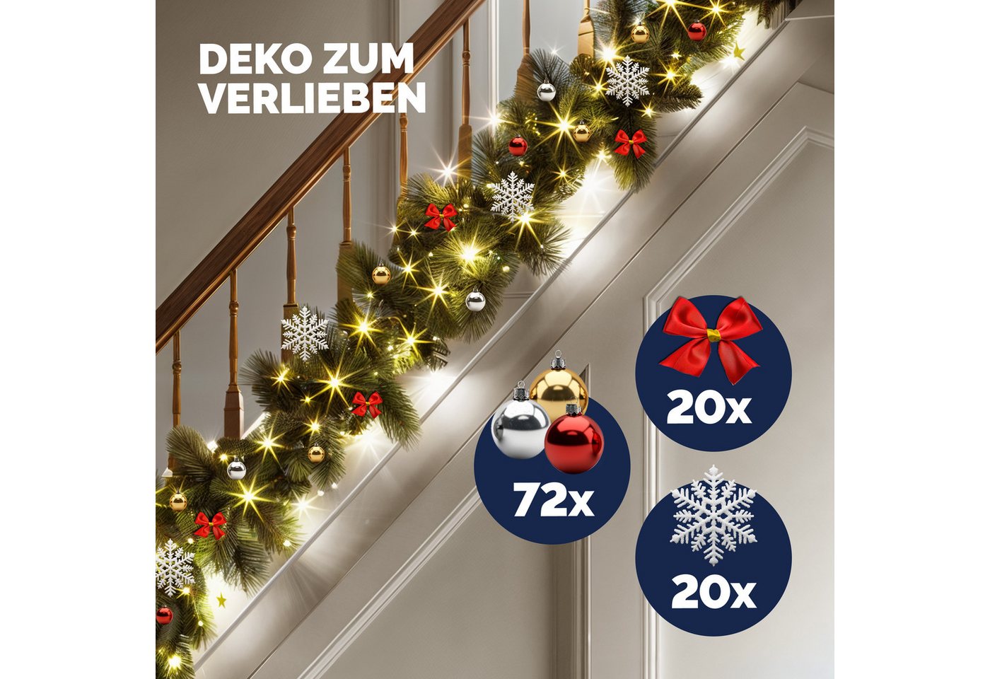 Kunstgirlande, Casaria, Höhe 28 cm, Weihnachtsgirlande geschmückt 10m 160 LED Warmweiß Innen Außen IP44 Bild 4