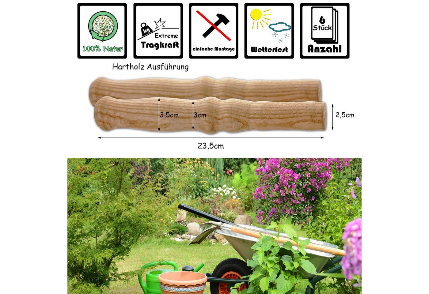 BigDean Stangengriff 6x Universal Holzgriffe Karrengriff Schiebkarre Schubkarrengriffe (Set, 6-St., Holzgriffe), Schubkarren, Schiebekarren, Sackkarren Bild 3