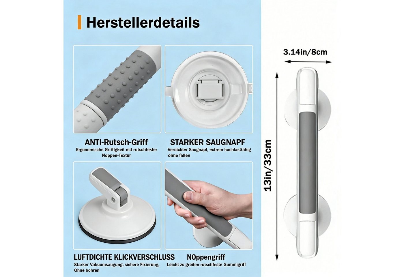Toomoke Haltegriff Haltegriff mit Saugnapf Haltegriff Dusche ohne Bohren Sauggriff Bad, Saugnapfbefestigung ohne Bohren Sicherheits-Farbindikator am Saugnapf