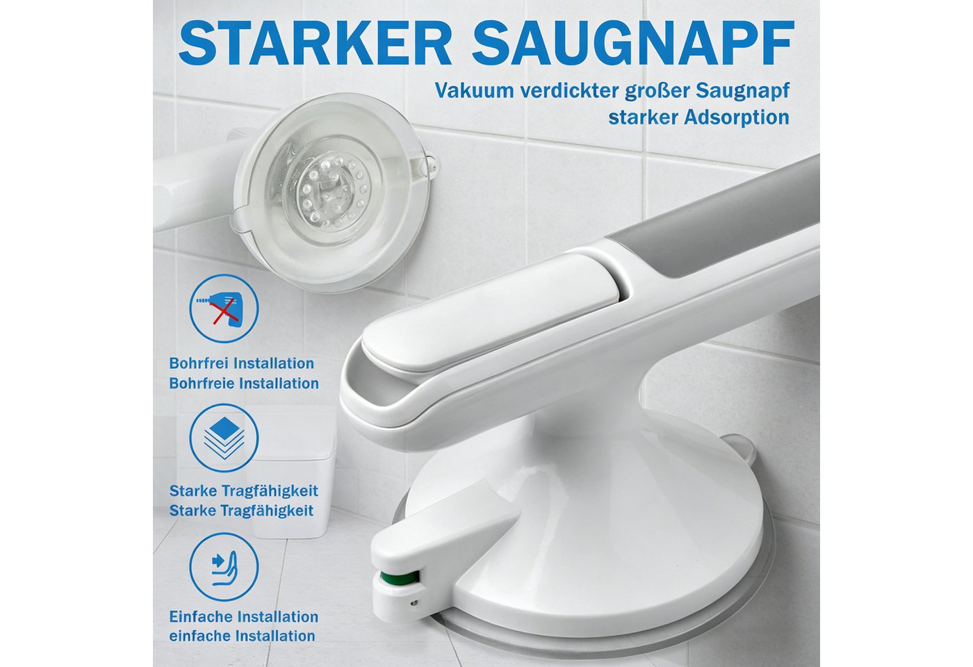 Toomoke Haltegriff Haltegriff mit Saugnapf Haltegriff Dusche ohne Bohren Sauggriff Bad, Saugnapfbefestigung ohne Bohren Sicherheits-Farbindikator am Saugnapf Bild 5