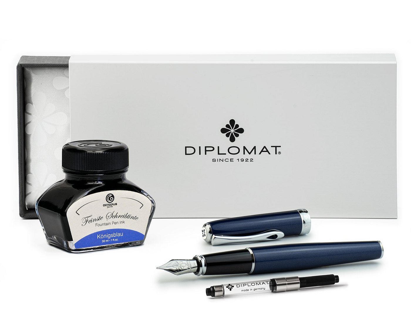 DIPLOMAT Füllhalter Excellence A2 Midnight Blue Chrom mit Schreibtinte, (Spar-Set mit Tintenkonverter und Schreibtinte Königsblau von Octopus Fluids), MADE IN GERMANY