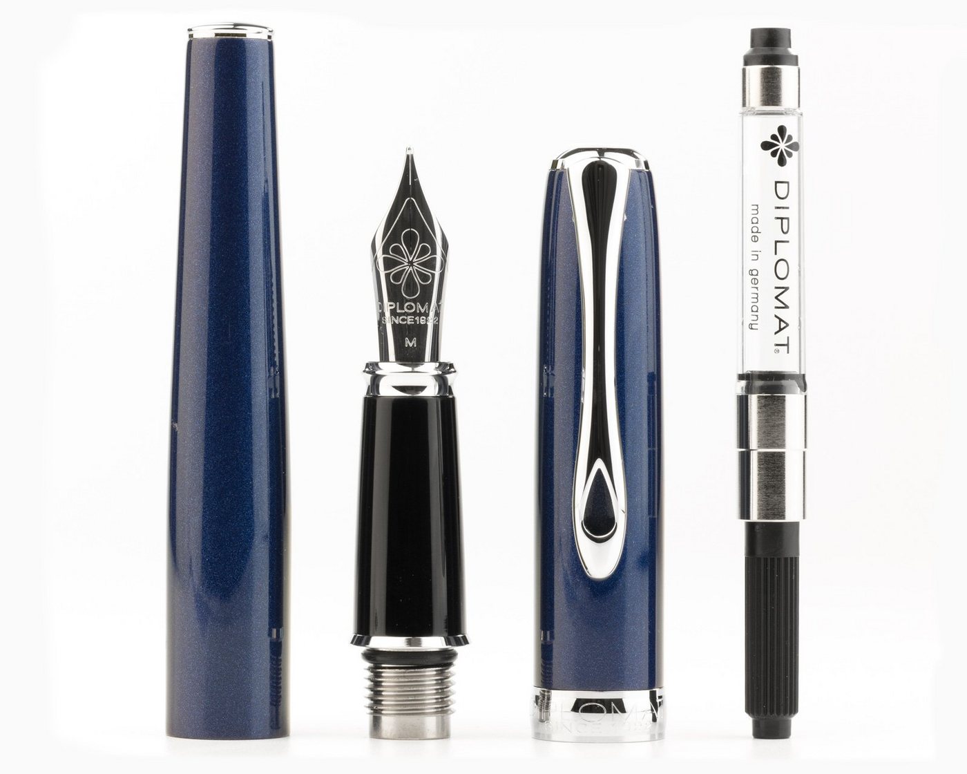 DIPLOMAT Füllhalter Excellence A2 Midnight Blue Chrom mit Schreibtinte, (Spar-Set mit Tintenkonverter und Schreibtinte Königsblau von Octopus Fluids), MADE IN GERMANY Bild 2