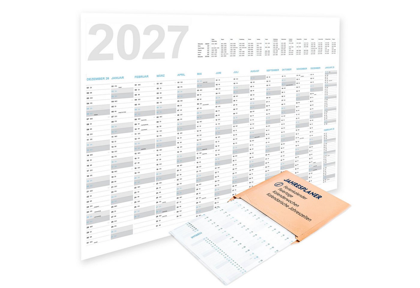 FLYERALARM Wandkalender Jahreskalender 2027 Wandkalender (100x70 cm) + Jan, Feb 2028, Große Felder
