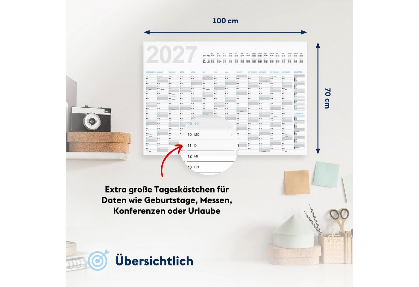 FLYERALARM Wandkalender Jahreskalender 2027 Wandkalender (100x70 cm) + Jan, Feb 2028, Große Felder Bild 5