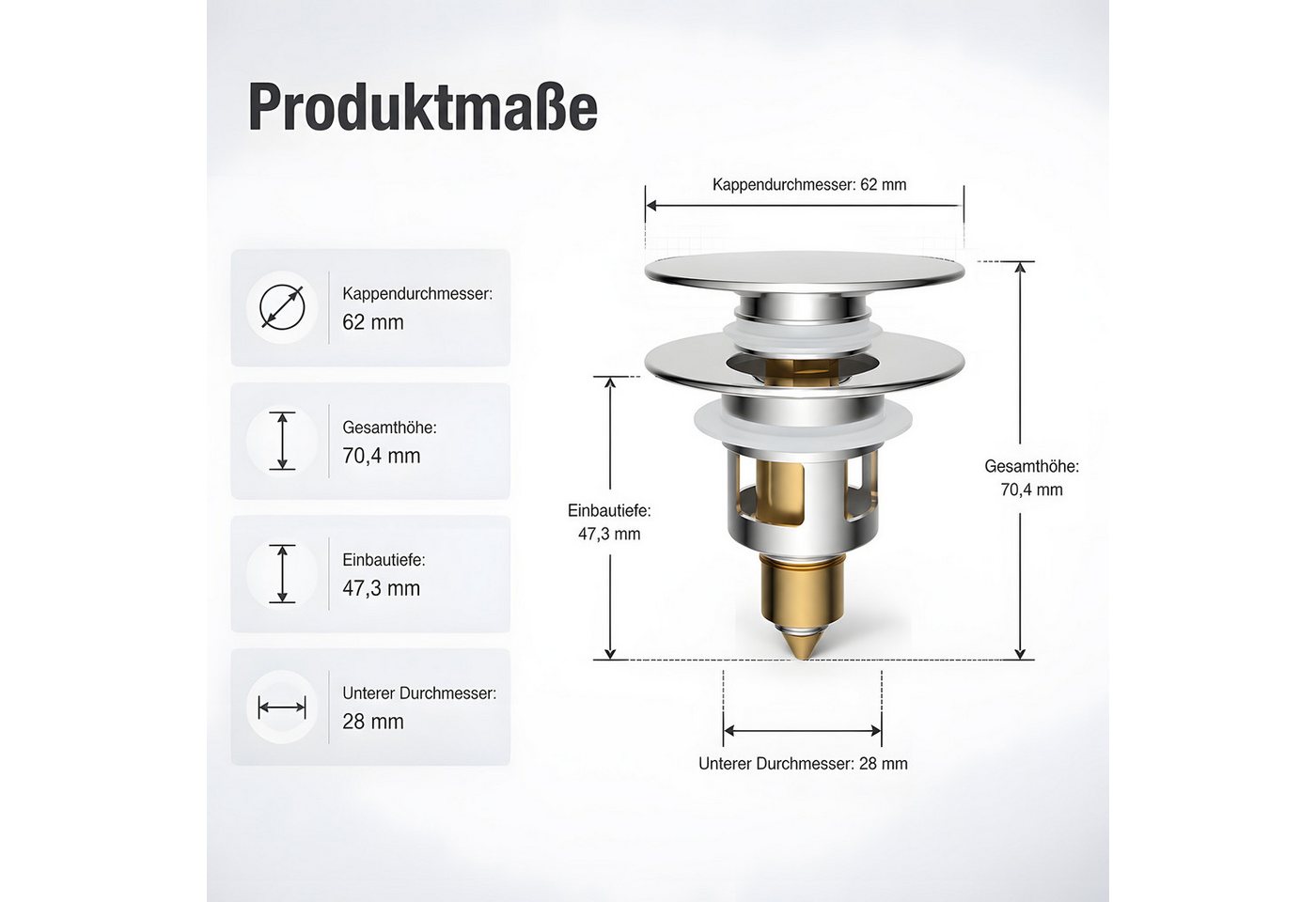 HEYHIPPO Waschbeckenstöpsel Pop-up Ablaufventil – Messing, mit Haarsieb, für Waschbecken, chrom, (Kappendurchmesser 62mm Gesamthöhe 70,4mm, mit 4 Silikondichtungen S-XL), Ablaufstopfen, universal passend 28–40mm, mit Dichtringen,geruchsdicht