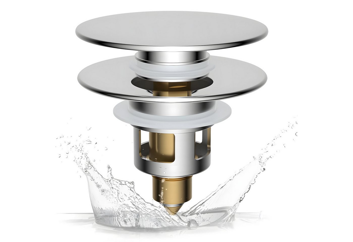 HEYHIPPO Waschbeckenstöpsel Pop-up Ablaufventil – Messing, mit Haarsieb, für Waschbecken, chrom, (Kappendurchmesser 62mm Gesamthöhe 70,4mm, mit 4 Silikondichtungen S-XL), Ablaufstopfen, universal passend 28–40mm, mit Dichtringen,geruchsdicht Bild 2