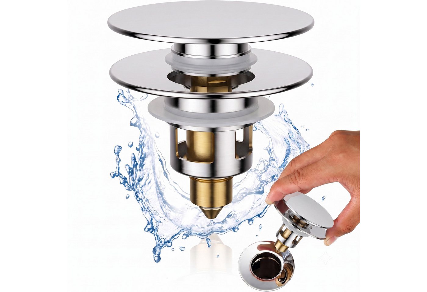 HEYHIPPO Waschbeckenstöpsel Pop-up Ablaufventil – Messing, mit Haarsieb, für Waschbecken, chrom, (Kappendurchmesser 62mm Gesamthöhe 70,4mm, mit 4 Silikondichtungen S-XL), Ablaufstopfen, universal passend 28–40mm, mit Dichtringen,geruchsdicht Bild 3