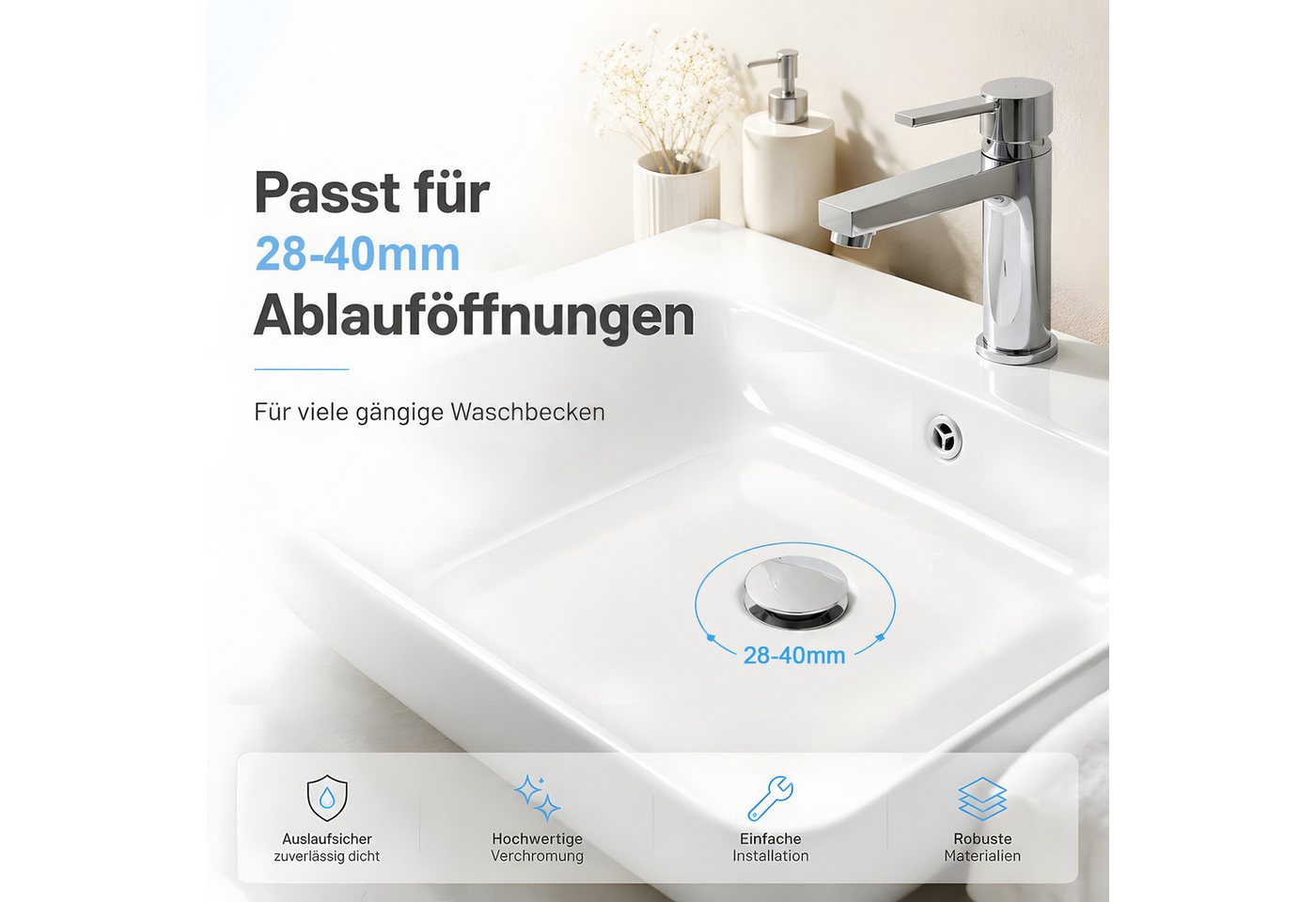 HEYHIPPO Waschbeckenstöpsel Pop-up Ablaufventil – Messing, mit Haarsieb, für Waschbecken, chrom, (Kappendurchmesser 62mm Gesamthöhe 70,4mm, mit 4 Silikondichtungen S-XL), Ablaufstopfen, universal passend 28–40mm, mit Dichtringen,geruchsdicht Bild 4
