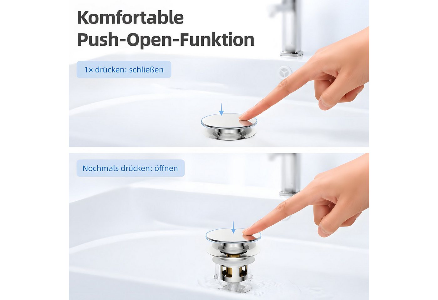 HEYHIPPO Waschbeckenstöpsel Pop-up Ablaufventil – Messing, mit Haarsieb, für Waschbecken, chrom, (Kappendurchmesser 62mm Gesamthöhe 70,4mm, mit 4 Silikondichtungen S-XL), Ablaufstopfen, universal passend 28–40mm, mit Dichtringen,geruchsdicht Bild 5