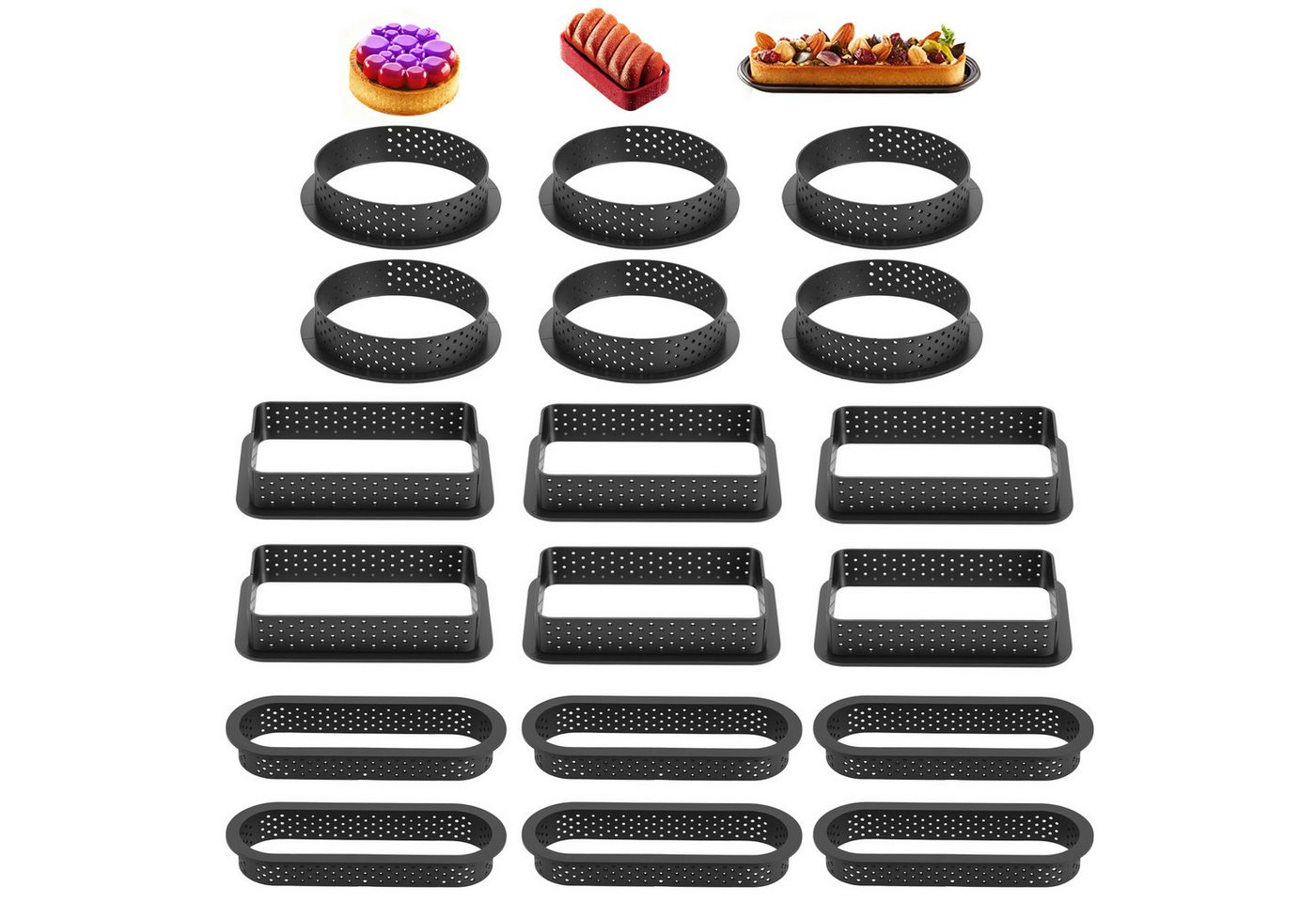 BlingBin Tarteform Dessertringe Formenset 18stk Tartelette Förmchen Kuchenform Perforiert, (18er Set 18-tlg), Mit Kreis/Rechteck/Oval Mini Ausstecher Kuchenringe, Backformen Set Bild 5