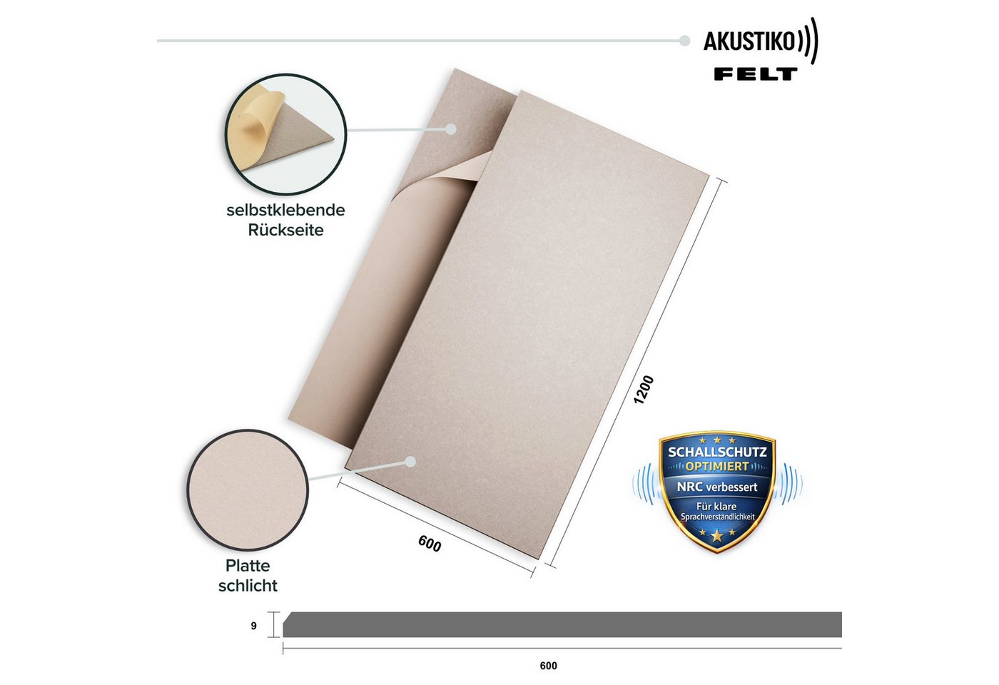 AKUSTIKO Schallschutzpaneel, BxL: 60x120 cm, (Selbstklebend 120x60cm - 4 Stück Beige Akustik Wandpaneele Schallschutz & Raumakustik Panels Filz 9mm Hexim Decken- & Wandverkleidung Büro Planung (2.88m)