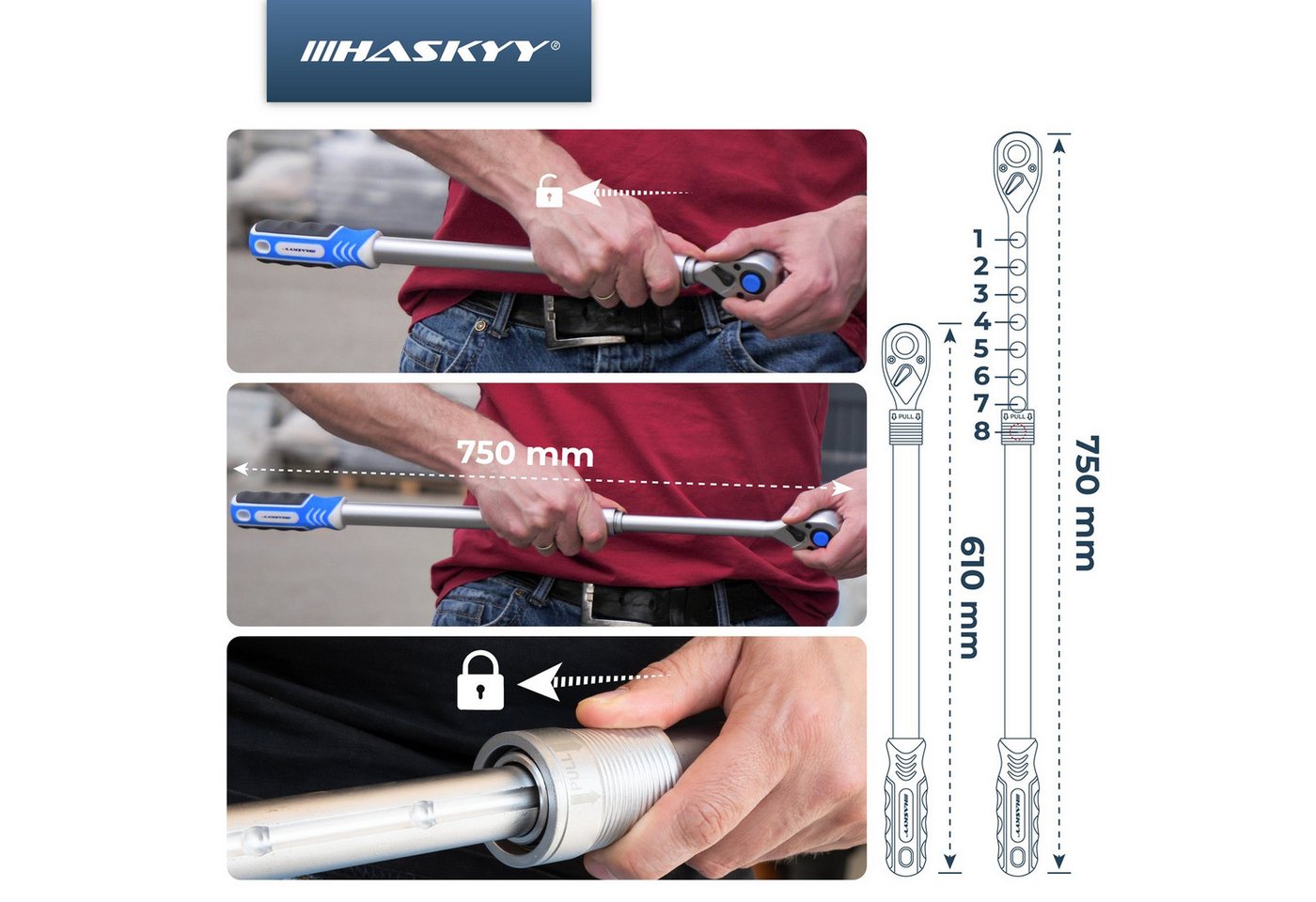 HASKYY Ratsche Teleskop Ratsche Ratschenschlüssel Knarre 1/2" Umschaltknarre 61-75cm Bild 3