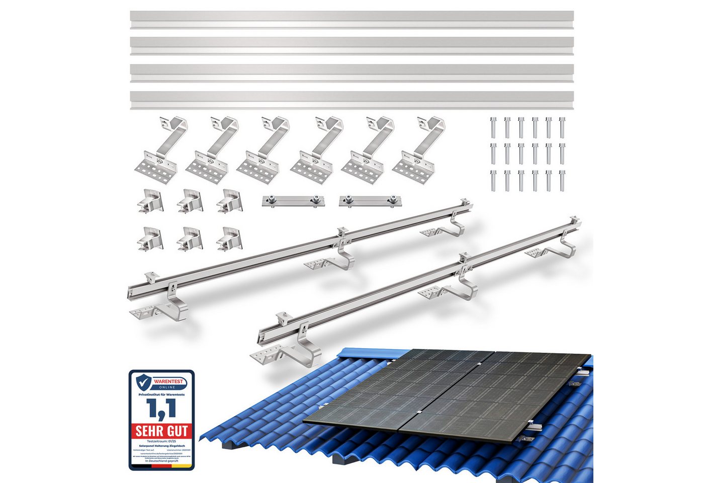 SolarMars Solarmodul-Halterung Solarpanel Halterung für Ziegeldach Balkonkraftwerk, (Komplettset Halterung Solarmodul für 28-46mm dicke Module, Solar Halterung mit Photovoltaik Dachhaken für 2 PV-Module)